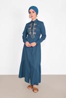 Tesettür giyim MAVİ NAKIŞ İŞLEMELİ ELBİSE 736