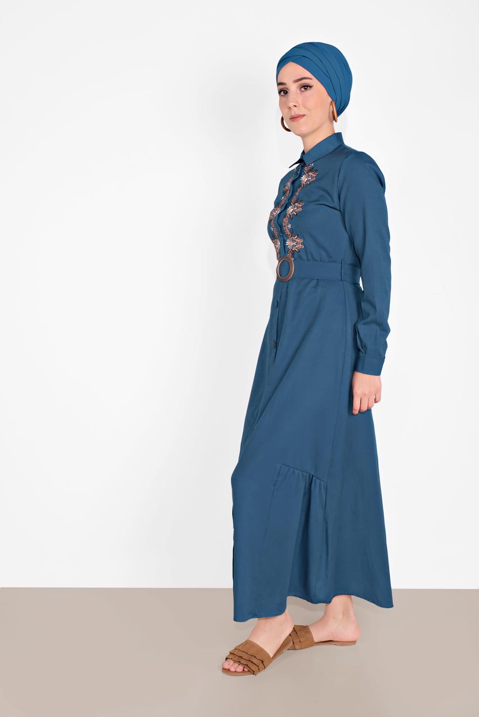 Tesettür giyim MAVİ NAKIŞ İŞLEMELİ ELBİSE 736