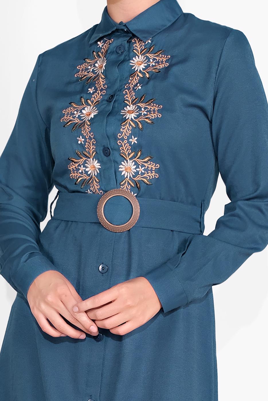 Tesettür giyim MAVİ NAKIŞ İŞLEMELİ ELBİSE 736