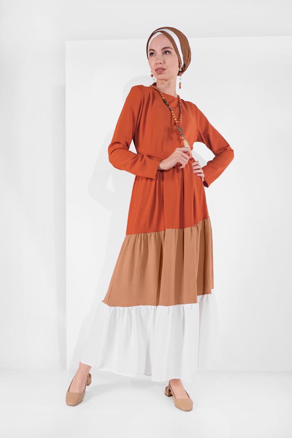 Vêtements hijab BRUN ROBE COLORÉE À VOLANTS 0851 