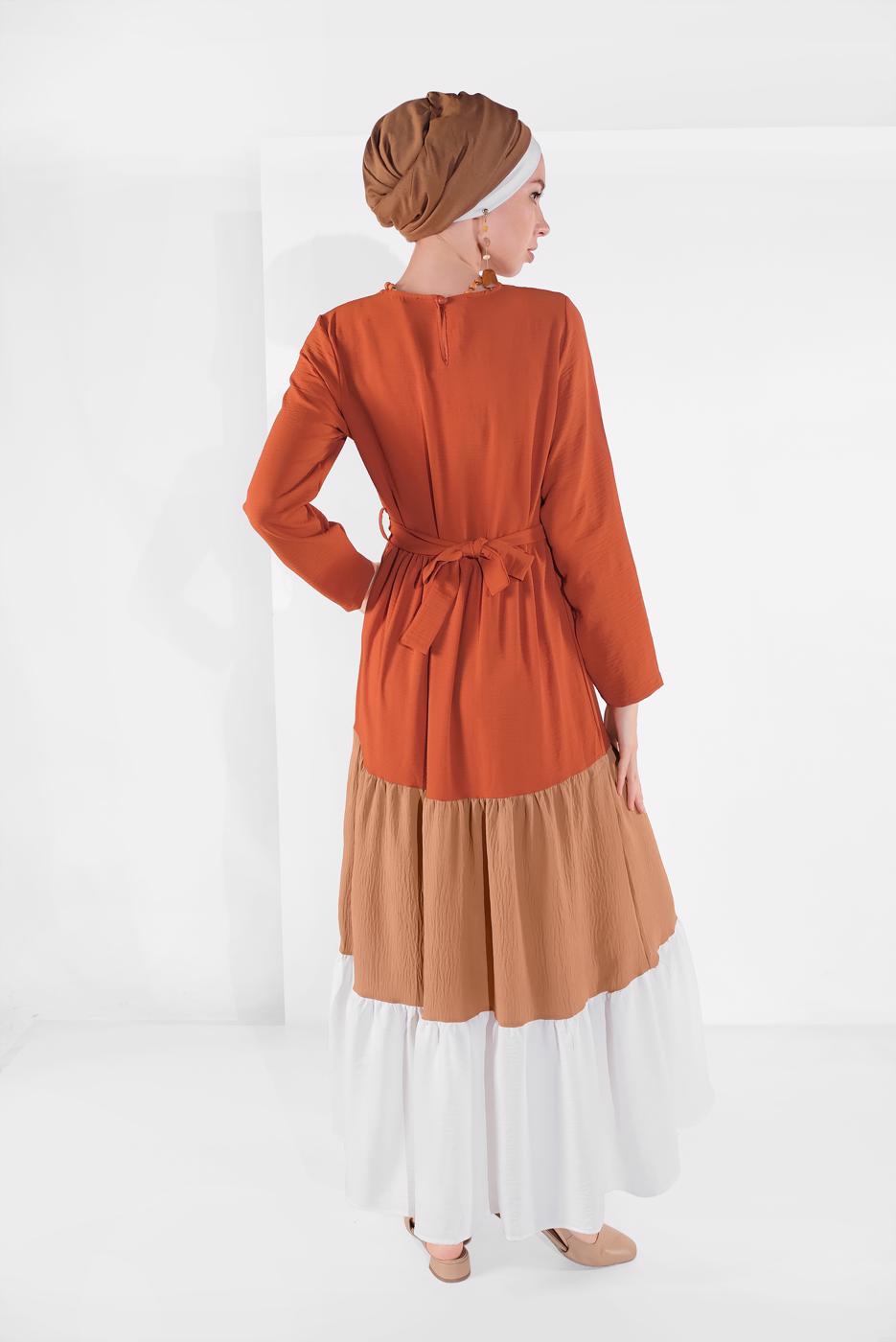 Vêtements hijab BRUN ROBE COLORÉE À VOLANTS 0851 