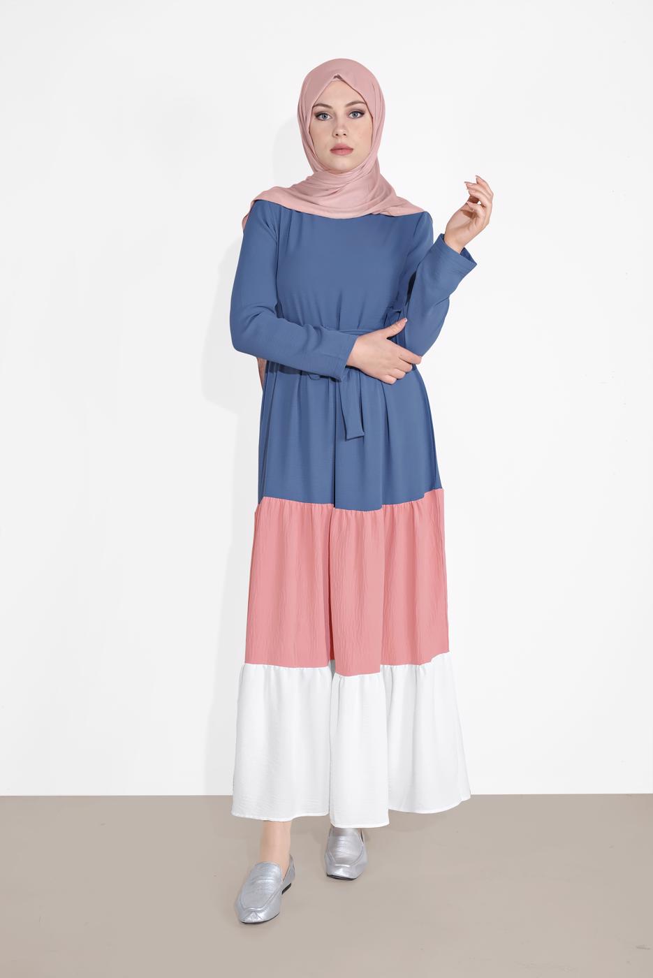 Vêtements hijab BLEU MARINE ROBE COLORÉE À VOLANTS 0851 