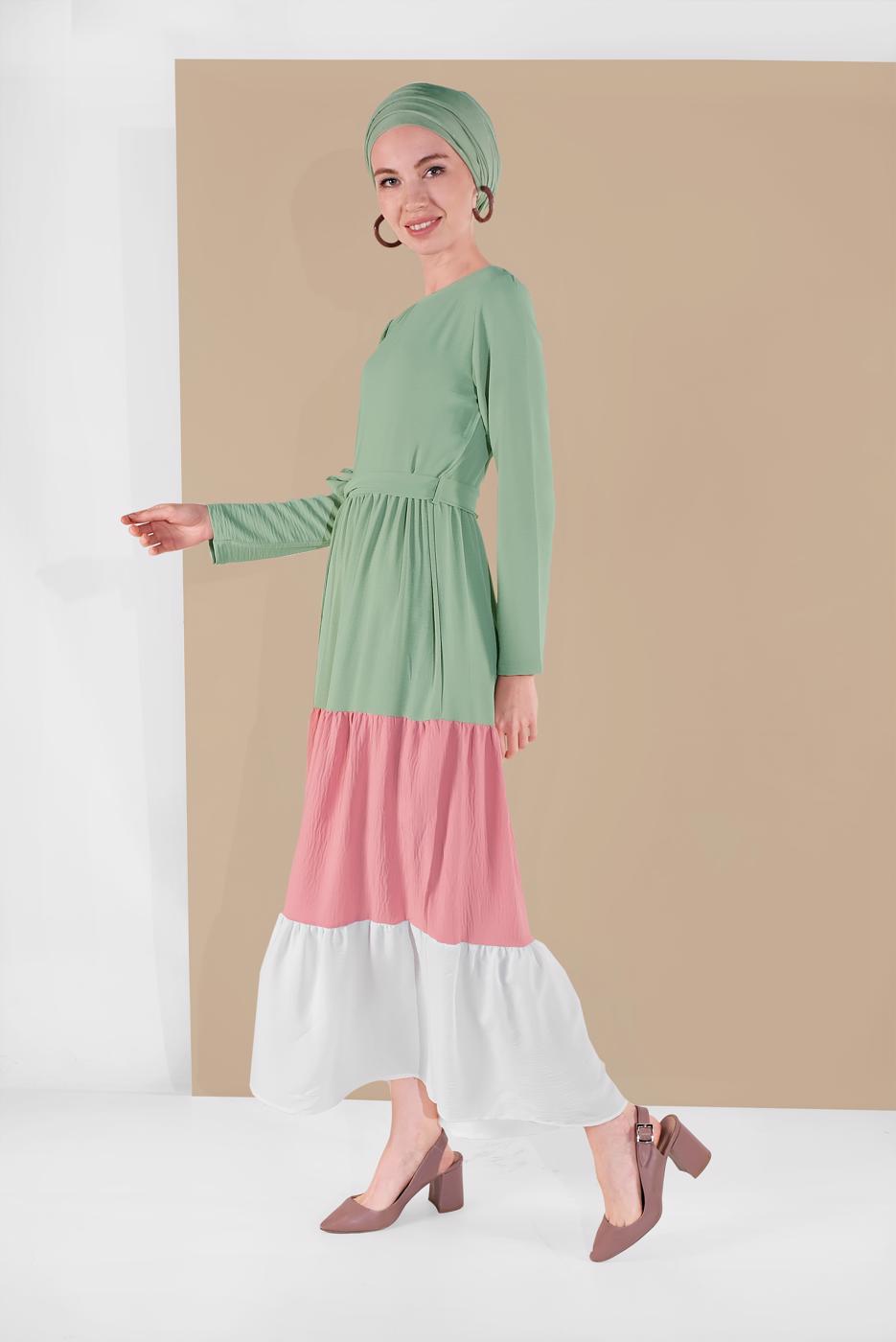 Vêtements hijab VERT ROBE COLORÉE À VOLANTS 0851 