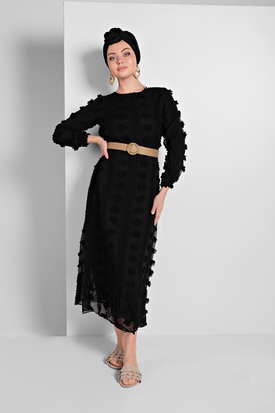 Tesettür giyim SİYAH PAMUKLU GÜNLÜK ELBİSE 1054