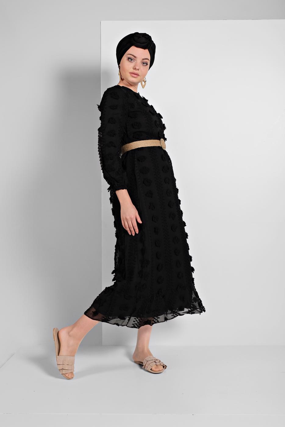 Tesettür giyim SİYAH PAMUKLU GÜNLÜK ELBİSE 1054