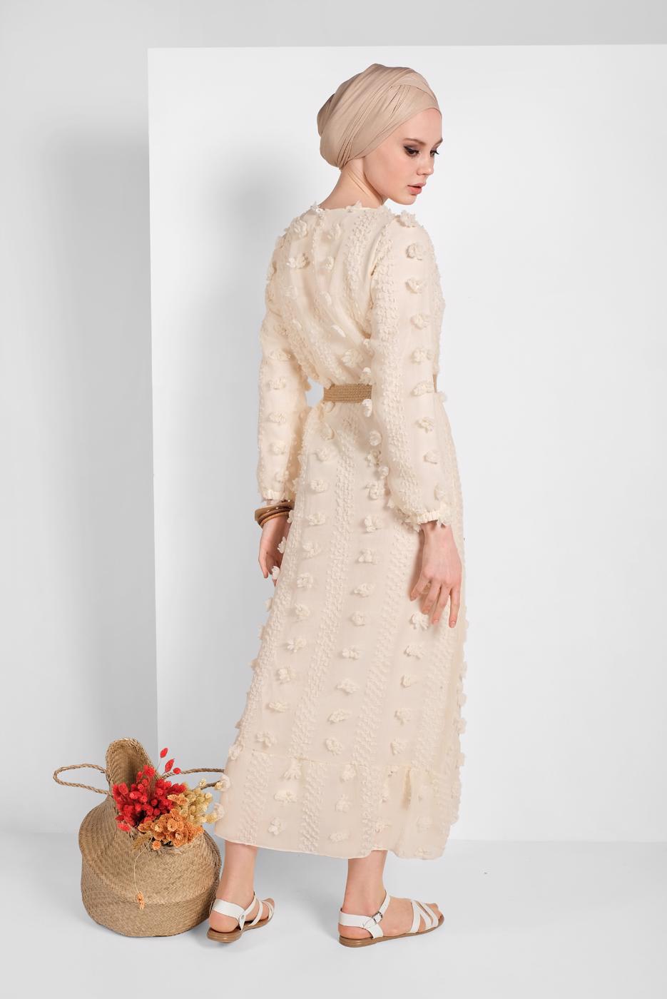 Tesettür giyim KREM PAMUKLU GÜNLÜK ELBİSE 1054