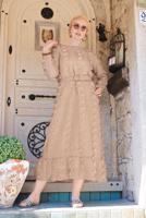 Tesettür giyim BEJ PAMUKLU GÜNLÜK ELBİSE 1054