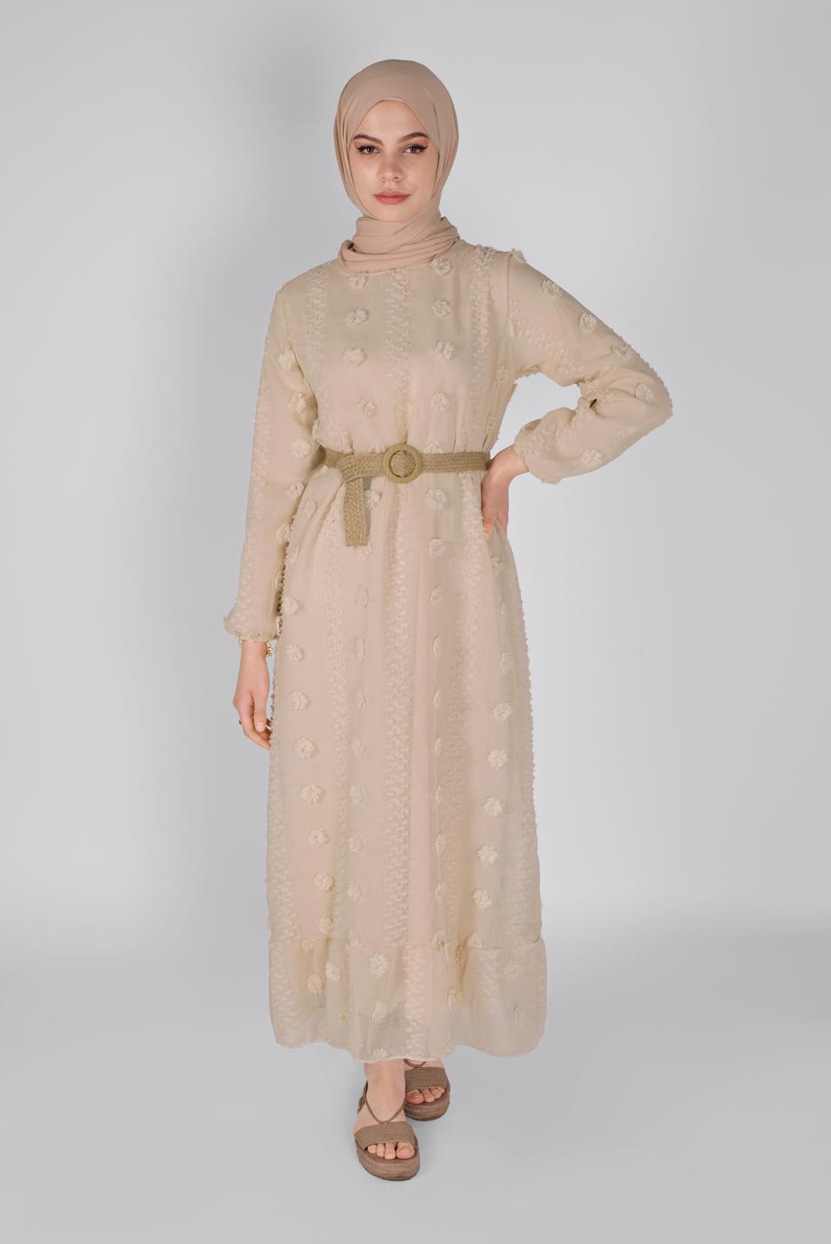 Tesettür giyim EKRU PAMUKLU GÜNLÜK ELBİSE 1054