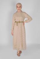 Tesettür giyim EKRU PAMUKLU GÜNLÜK ELBİSE 1054