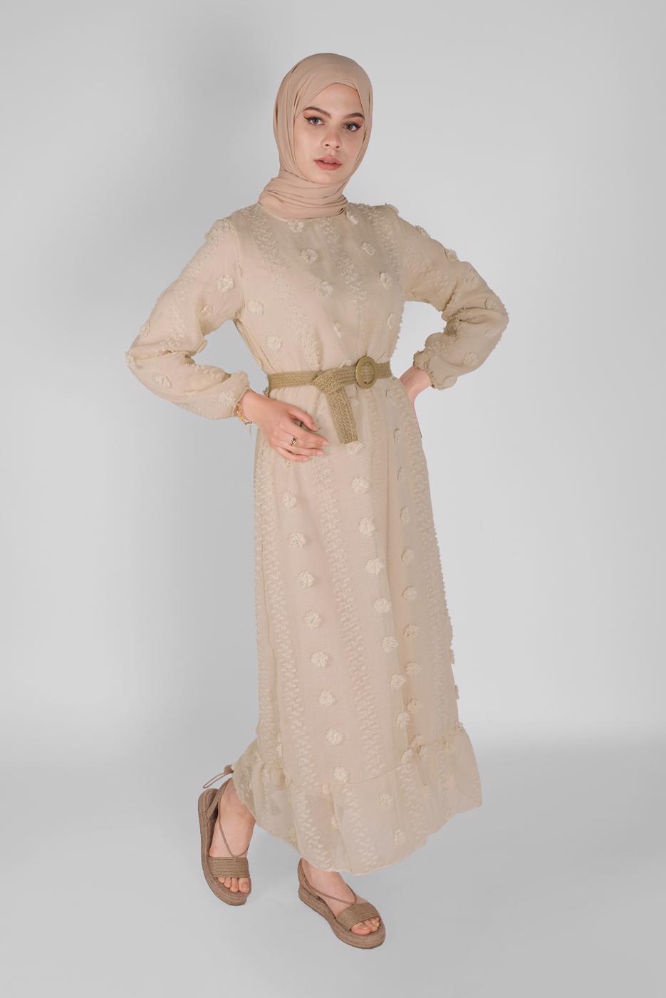 Tesettür giyim EKRU PAMUKLU GÜNLÜK ELBİSE 1054