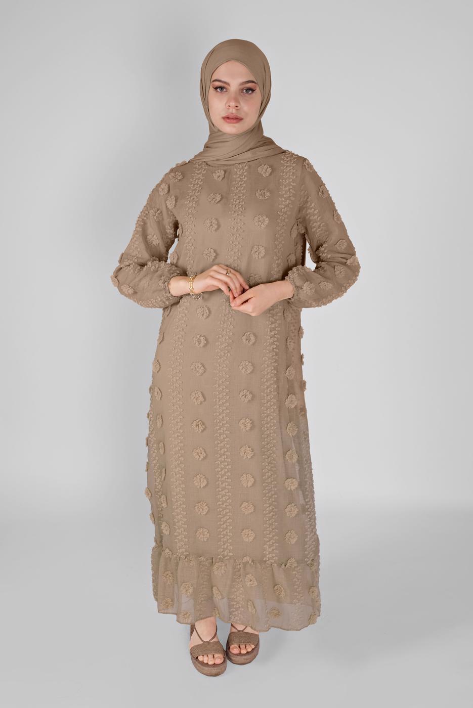 Tesettür giyim BEJ PAMUKLU GÜNLÜK ELBİSE 1054