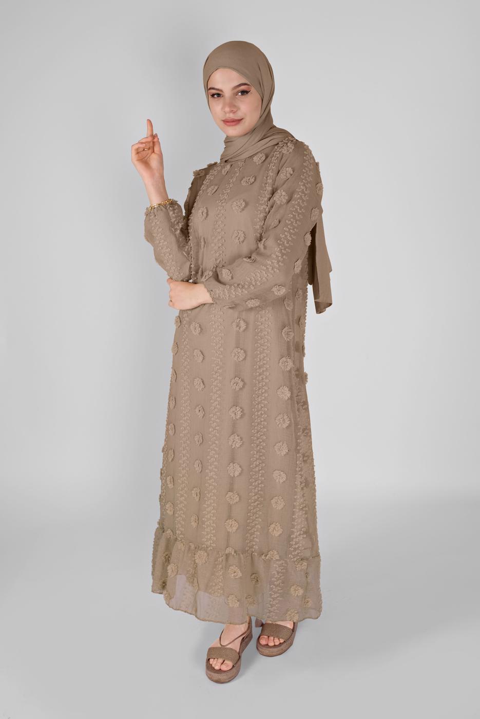 Tesettür giyim BEJ PAMUKLU GÜNLÜK ELBİSE 1054