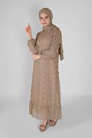 Tesettür giyim BEJ PAMUKLU GÜNLÜK ELBİSE 1054