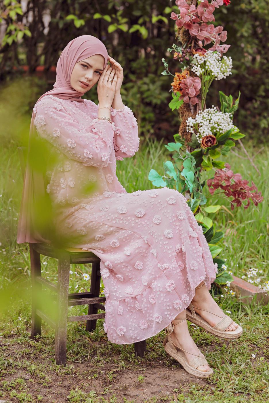 Tesettür giyim PUDRA PAMUKLU GÜNLÜK ELBİSE 1054