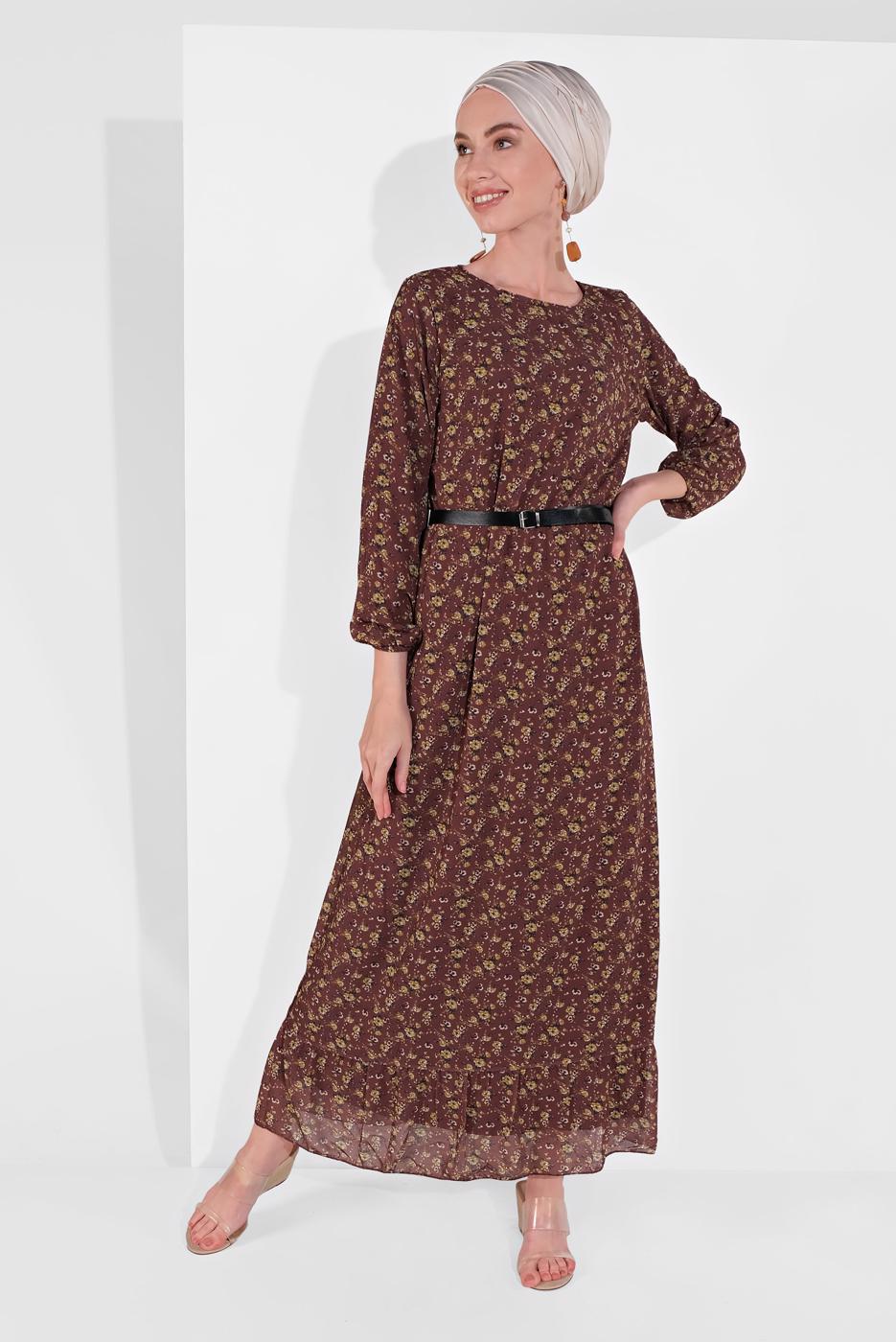 Tesettür giyim BORDO MANŞETLERİ LASTİKLİ ÇİÇEK DESENLİ ELBİSE 2054 