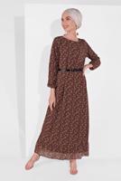 Tesettür giyim BORDO MANŞETLERİ LASTİKLİ ÇİÇEK DESENLİ ELBİSE 2054 