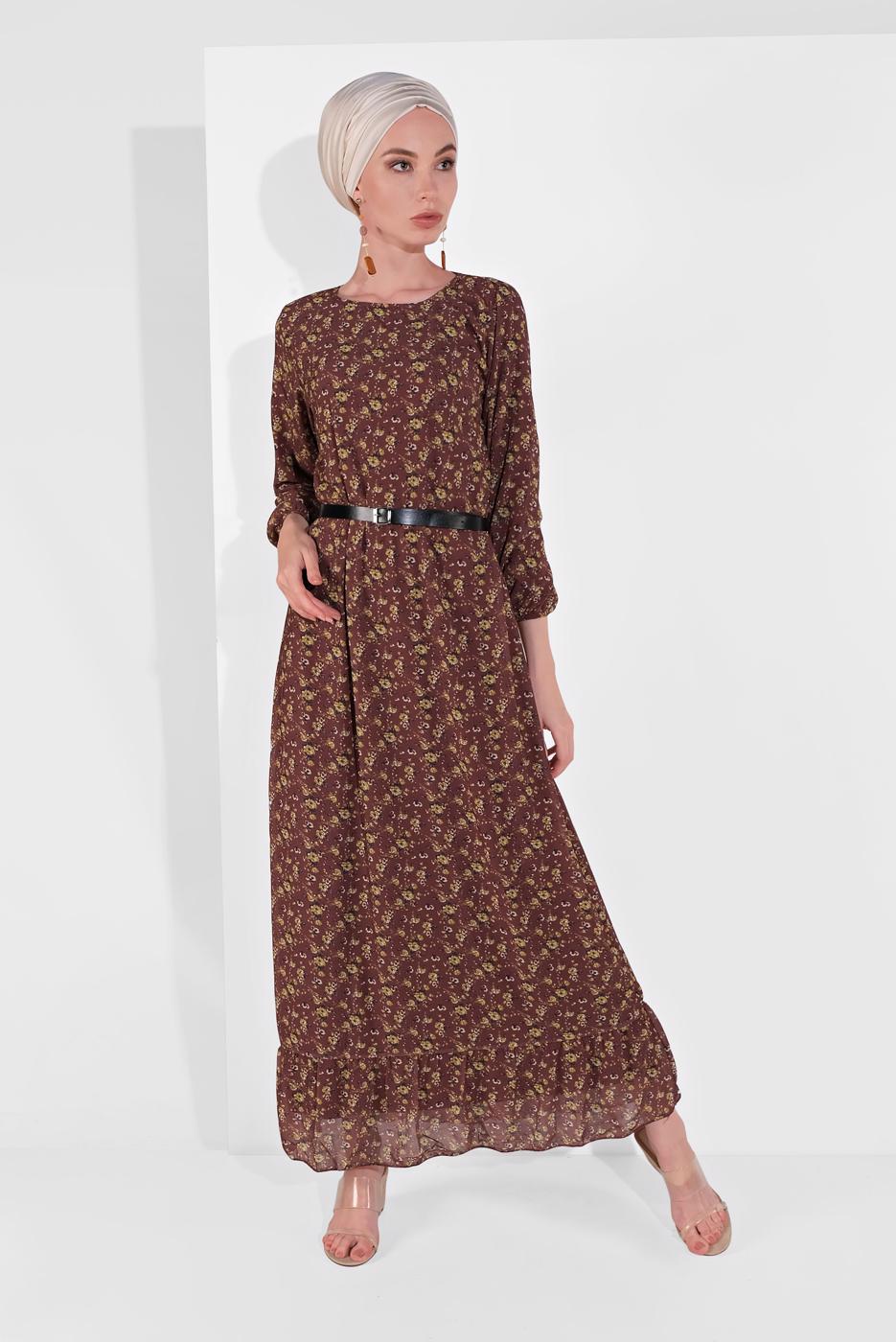 Tesettür giyim BORDO MANŞETLERİ LASTİKLİ ÇİÇEK DESENLİ ELBİSE 2054 