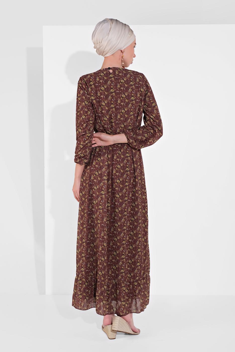 Tesettür giyim BORDO MANŞETLERİ LASTİKLİ ÇİÇEK DESENLİ ELBİSE 2054 