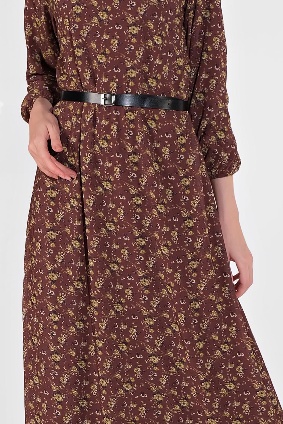 Tesettür giyim BORDO MANŞETLERİ LASTİKLİ ÇİÇEK DESENLİ ELBİSE 2054 
