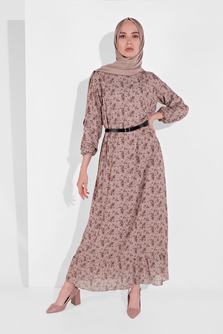 Tesettür giyim PUDRA MANŞETLERİ LASTİKLİ ÇİÇEK DESENLİ ELBİSE 2054 