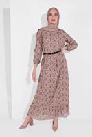 Tesettür giyim PUDRA MANŞETLERİ LASTİKLİ ÇİÇEK DESENLİ ELBİSE 2054 