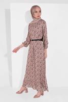 Tesettür giyim PUDRA MANŞETLERİ LASTİKLİ ÇİÇEK DESENLİ ELBİSE 2054 