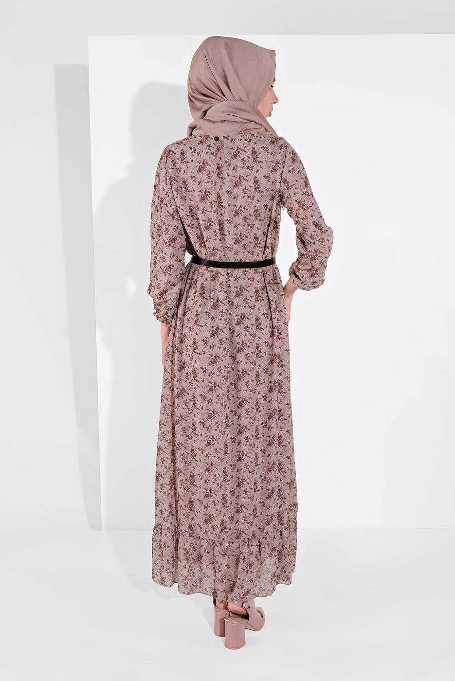 Tesettür giyim PUDRA MANŞETLERİ LASTİKLİ ÇİÇEK DESENLİ ELBİSE 2054 