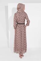 Tesettür giyim PUDRA MANŞETLERİ LASTİKLİ ÇİÇEK DESENLİ ELBİSE 2054 