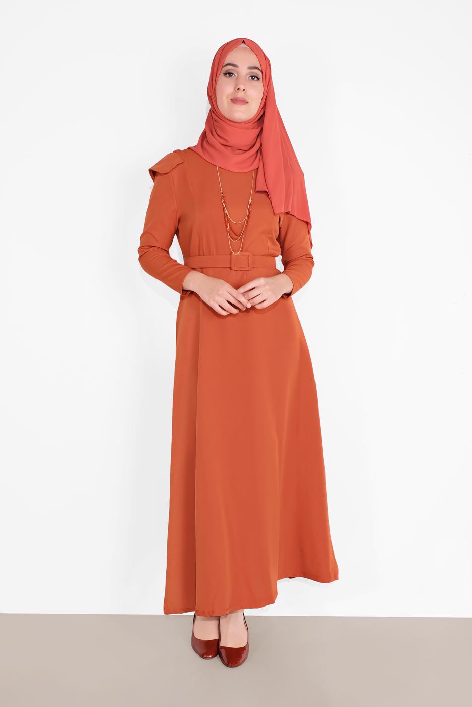 Tesettür giyim KAHVE OMUZLARI VOLAN DETAYLI ELBİSE  3014