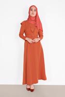 Tesettür giyim KAHVE OMUZLARI VOLAN DETAYLI ELBİSE  3014