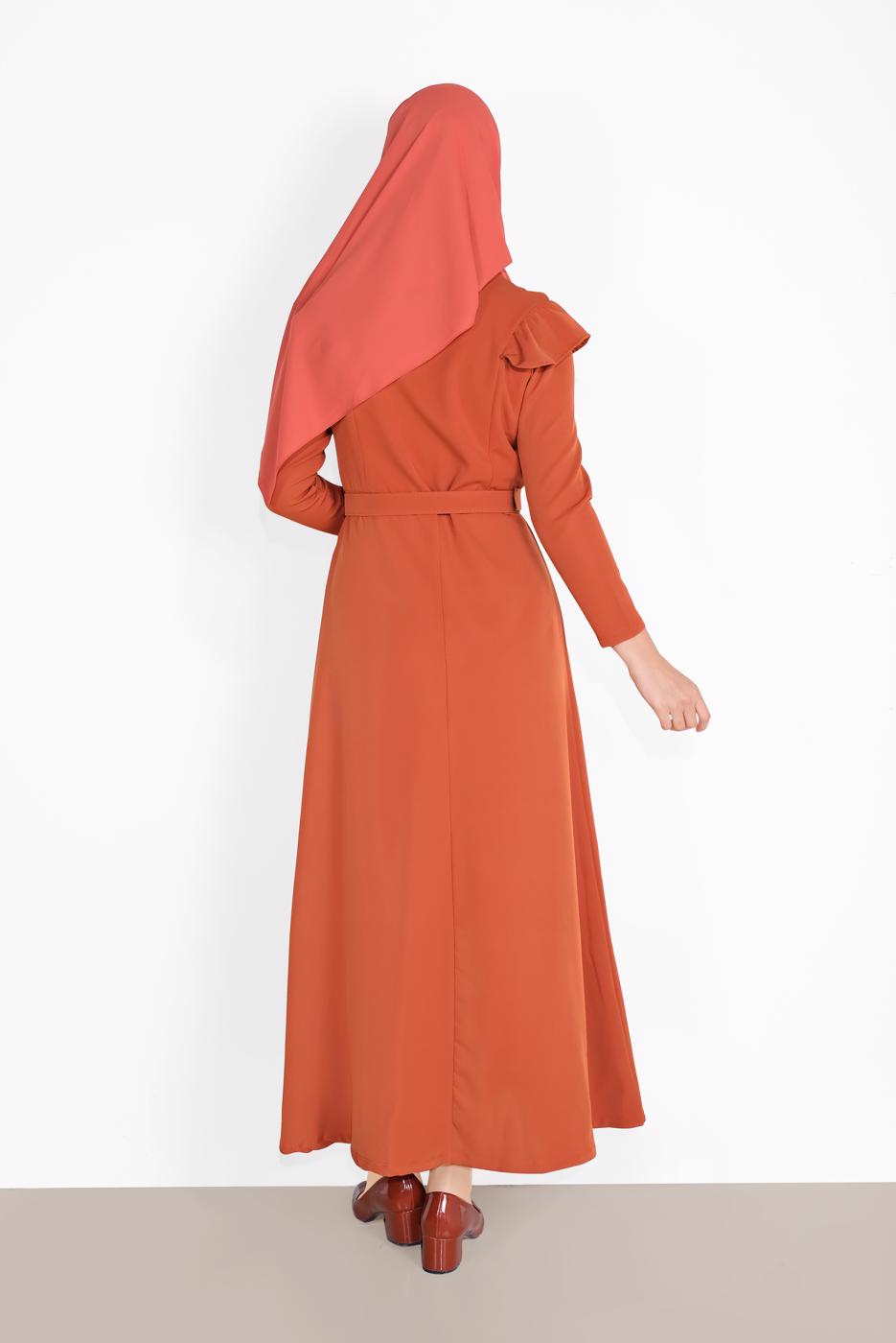 Tesettür giyim KAHVE OMUZLARI VOLAN DETAYLI ELBİSE  3014