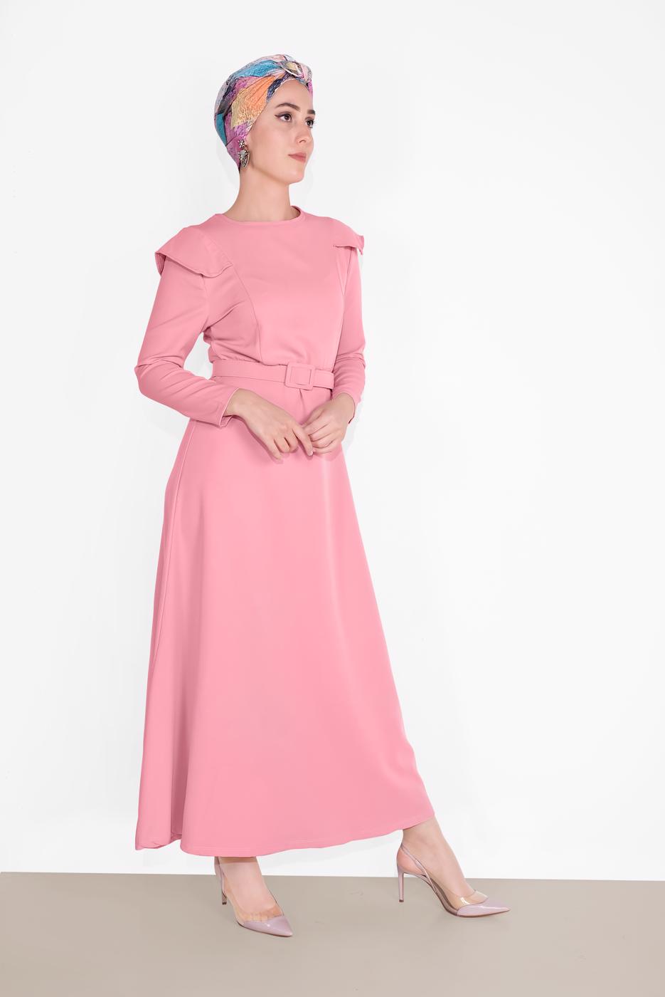 Tesettür giyim PUDRA OMUZLARI VOLAN DETAYLI ELBİSE  3014