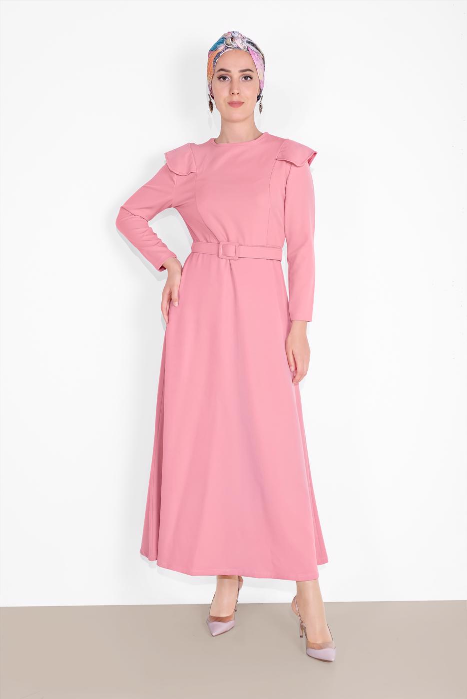 Tesettür giyim PUDRA OMUZLARI VOLAN DETAYLI ELBİSE  3014