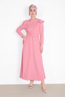 Tesettür giyim PUDRA OMUZLARI VOLAN DETAYLI ELBİSE  3014