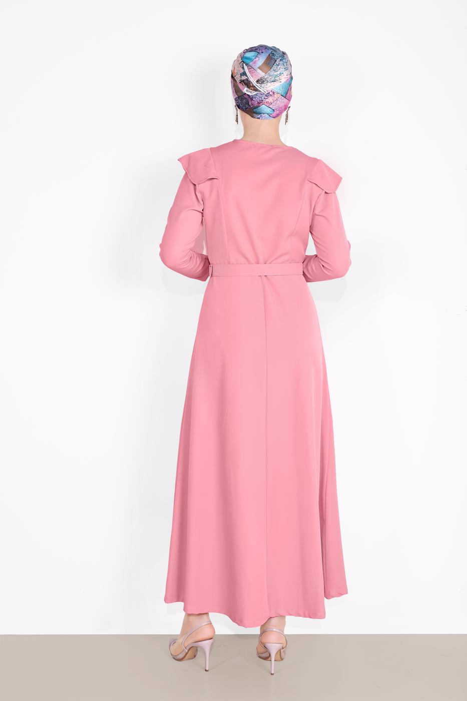 Tesettür giyim PUDRA OMUZLARI VOLAN DETAYLI ELBİSE  3014