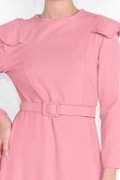 Tesettür giyim PUDRA OMUZLARI VOLAN DETAYLI ELBİSE  3014