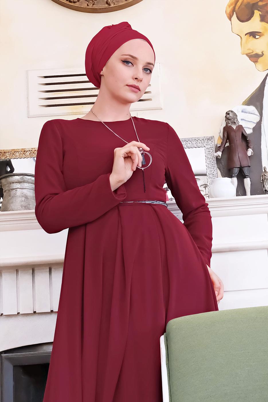 Vêtements hijab ROUGE BORDEAUX ROBE EN MOUSSELINE À FLUIDE 3215 