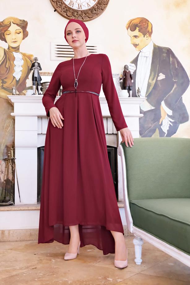 Tesettür giyim  ETEĞİ VOLANLI ŞİFON ELBİSE 3215 - TRENDTESETTÜR