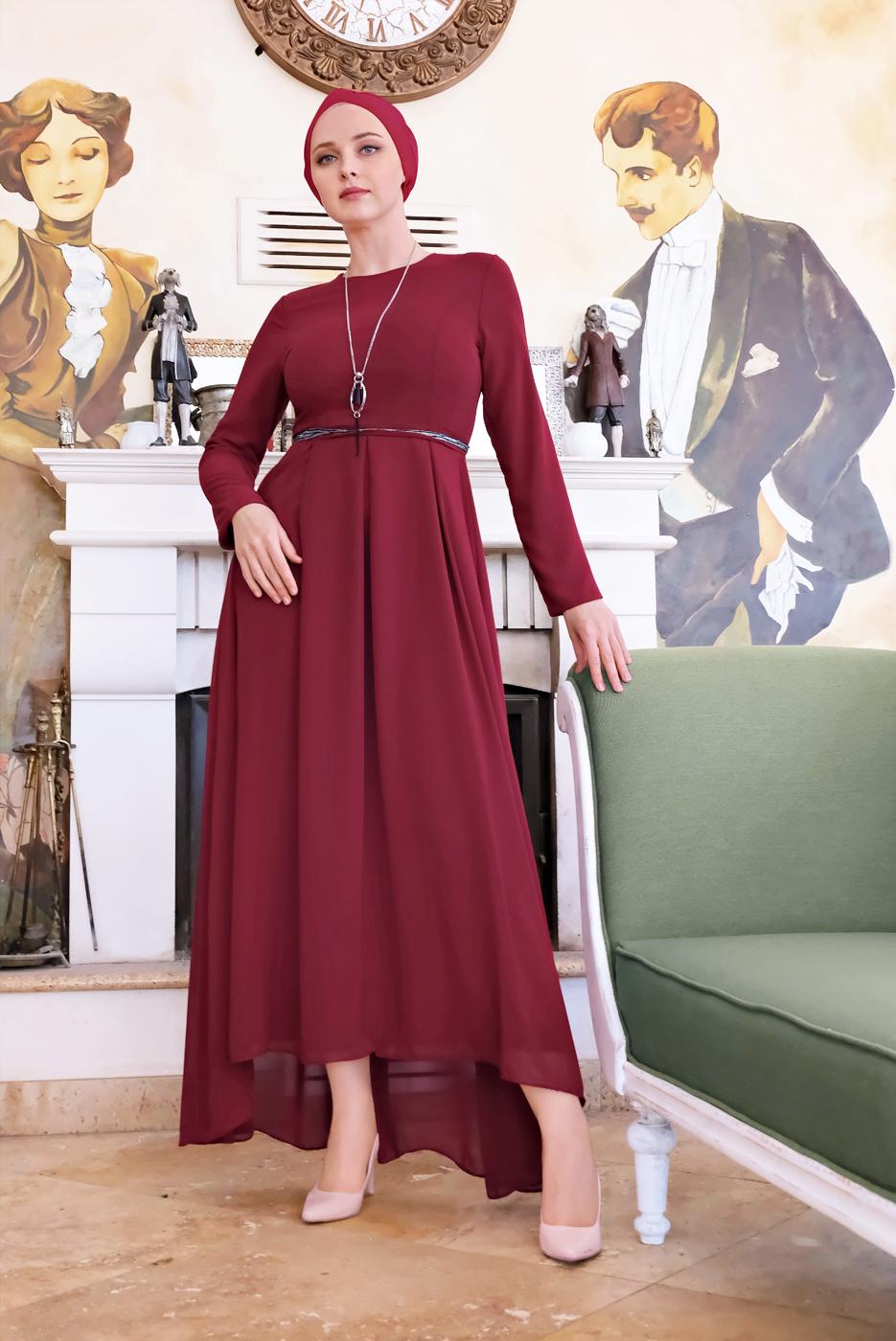 Vêtements hijab ROUGE BORDEAUX ROBE EN MOUSSELINE À FLUIDE 3215 