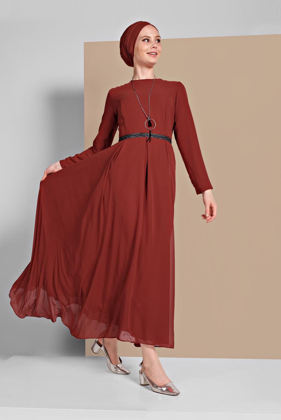 Vêtements hijab BRUN ROBE EN MOUSSELINE À FLUIDE 3215 