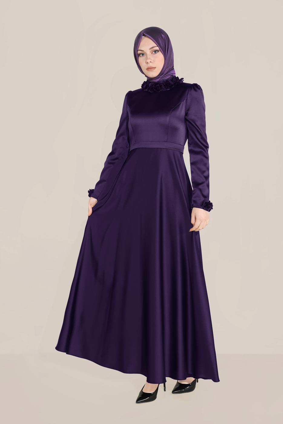 Tesettür giyim MOR ALVİNA YAKASI ÇİÇEK İŞLEMELİ ELBİSE 40677 