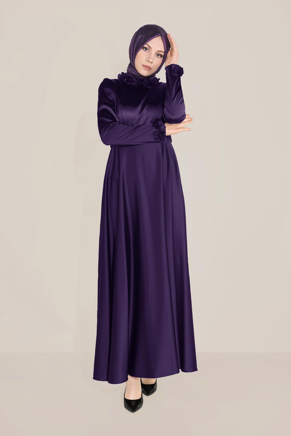 Tesettür giyim MOR ALVİNA YAKASI ÇİÇEK İŞLEMELİ ELBİSE 40677 