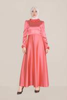 Tesettür giyim MERCAN ALVİNA YAKASI ÇİÇEK İŞLEMELİ ELBİSE 40677 