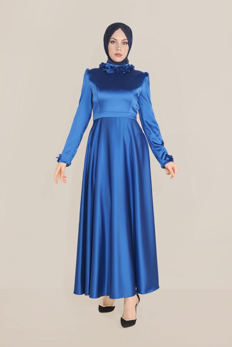 Tesettür giyim LACİVERT ALVİNA YAKASI ÇİÇEK İŞLEMELİ ELBİSE 40677 