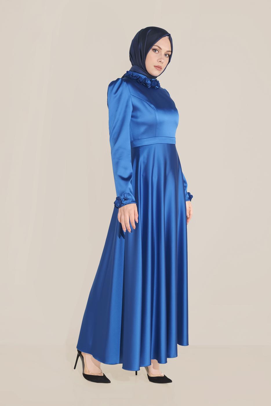 Tesettür giyim LACİVERT ALVİNA YAKASI ÇİÇEK İŞLEMELİ ELBİSE 40677 