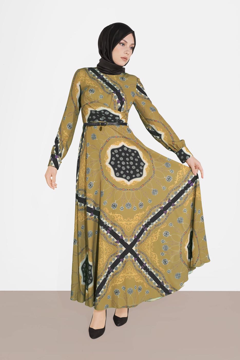 Tesettür giyim TURUNCU KARIŞIK DESENLİ ELBİSE 4084