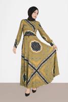 Tesettür giyim TURUNCU KARIŞIK DESENLİ ELBİSE 4084