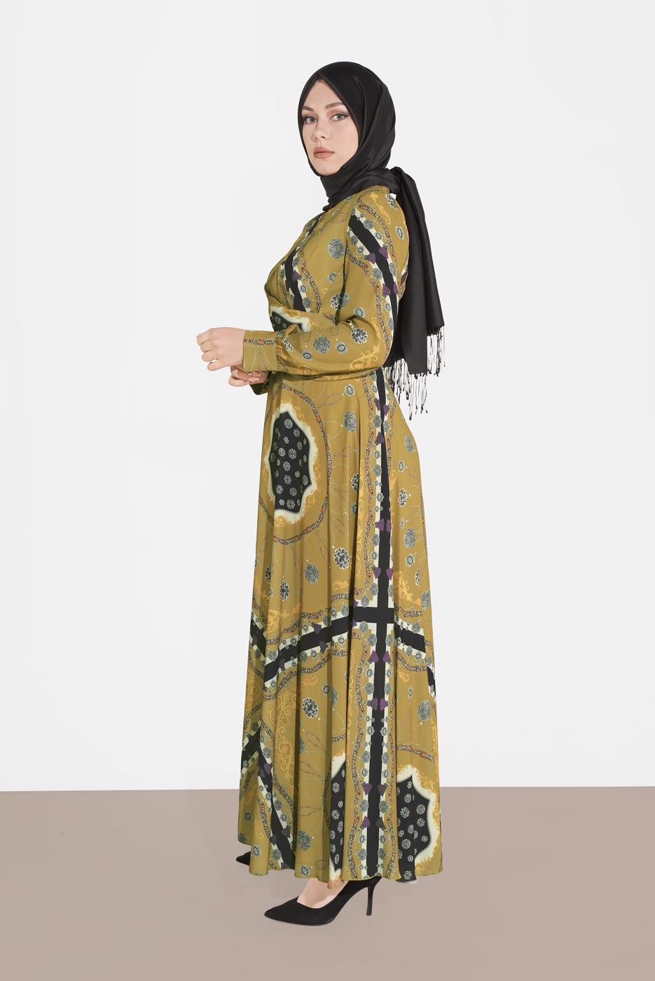 Tesettür giyim TURUNCU KARIŞIK DESENLİ ELBİSE 4084