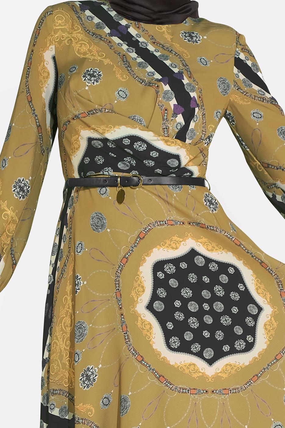 Tesettür giyim TURUNCU KARIŞIK DESENLİ ELBİSE 4084