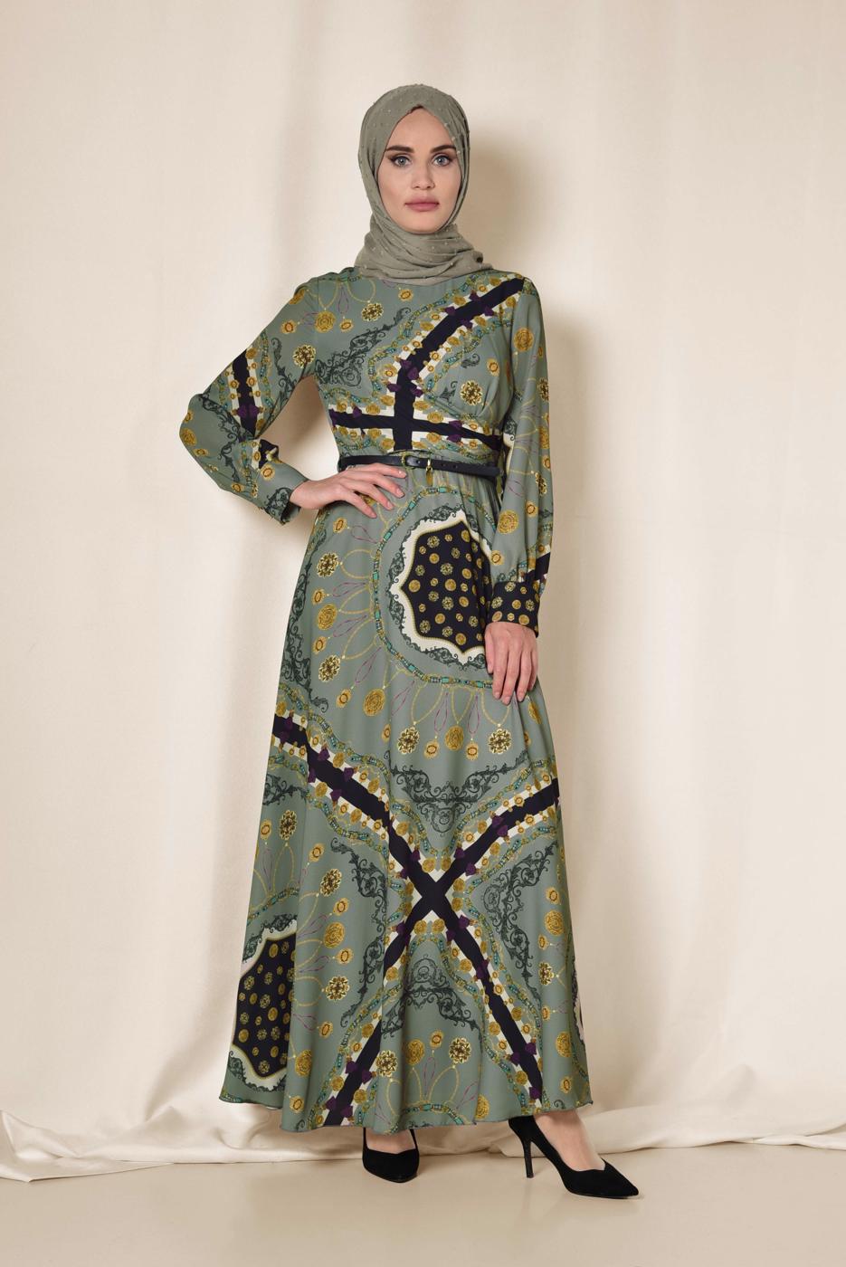 Tesettür giyim GRİ KARIŞIK DESENLİ ELBİSE 4084